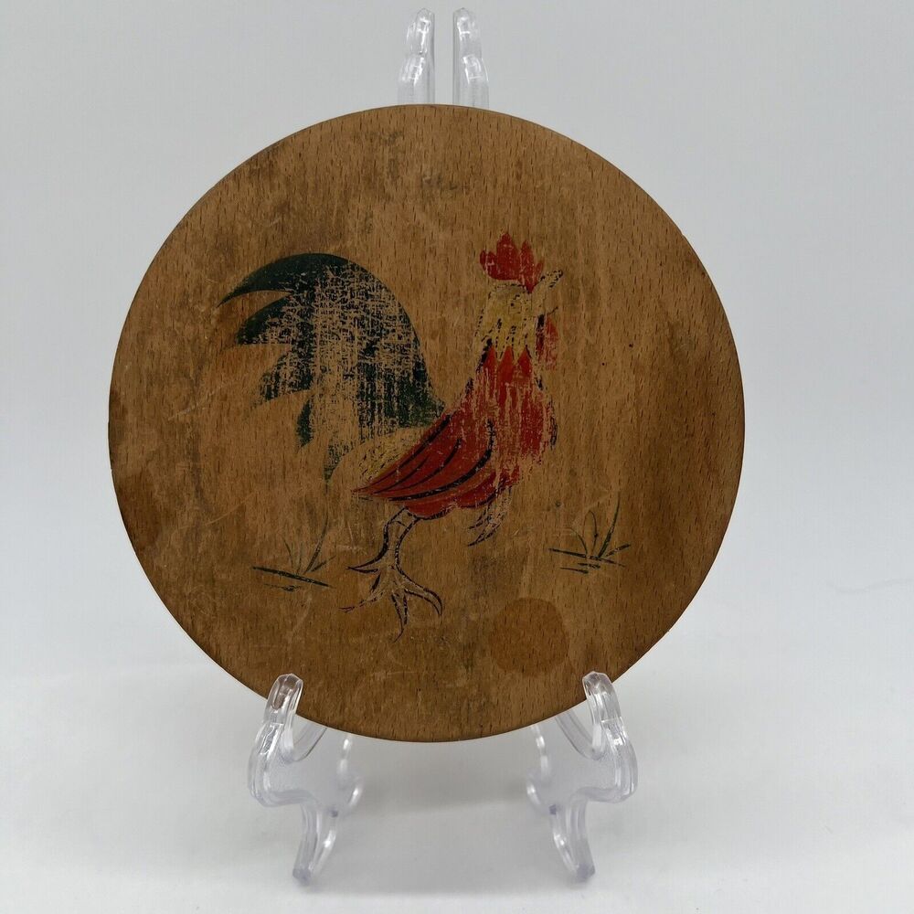 Vintage Round Wooden Rooster Graphic Cookie Food Press